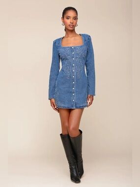 avec les filles denim dress Heart Embroidered Drop-Waist Mini while the full skirt moves with ease for a polished yet relaxed finish Avec Les Filles Women's Sleeveless